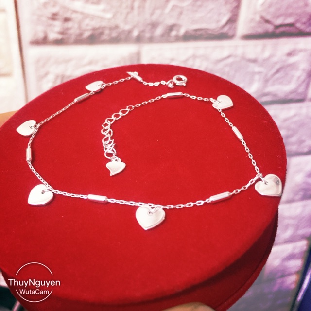 Lắc chân tim trơn phối đốt trúc bạc thật chuẩn cao cấp