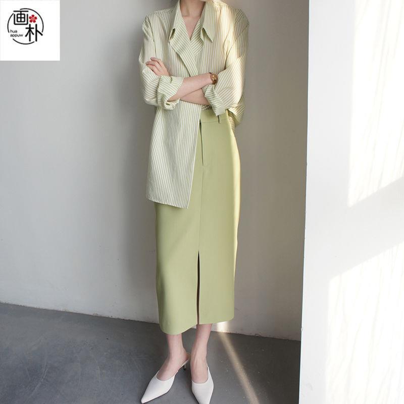 Bộ Áo Sơ Mi Kẻ Sọc + Chân Váy Lưng Cao Thời Trang Xuân Hè 2022 Cho Nữ