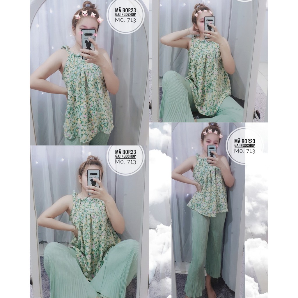 BOR23 - Set bộ hai dây dưới 60 kg- set bộ áo yếm hoa quần dập ly hình thật | BigBuy360 - bigbuy360.vn