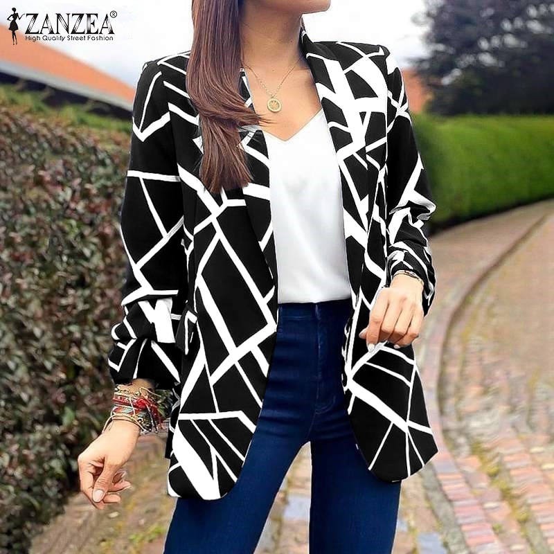 ZANZEA Áo Khoác Blazer Tay Dài Hở Vai In Họa Tiết Thời Trang Dành Cho Nữ