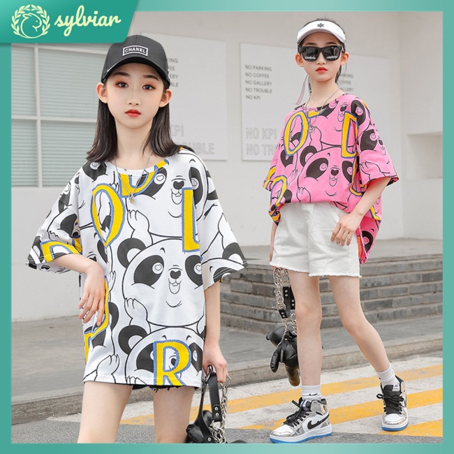 [sylviar] Girls  T-shirt Summer Cotton Cartoon Panda Print Crew-neck Short-sleeved Loose Top For 4-10 Years Old