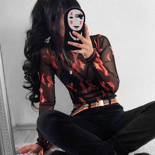 Áo thun tay dài phối lưới hoạ tiết ngọn lửa thời trang cho nữ