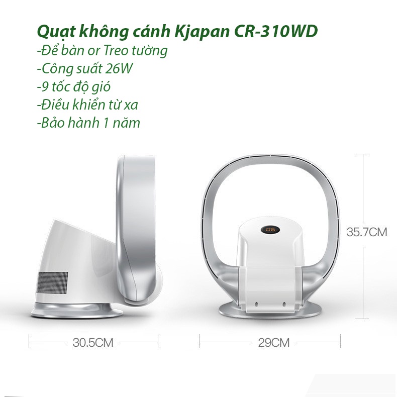 Quạt không cánh treo tường để bàn KJAPAN CR-310 phiên bản new 2022