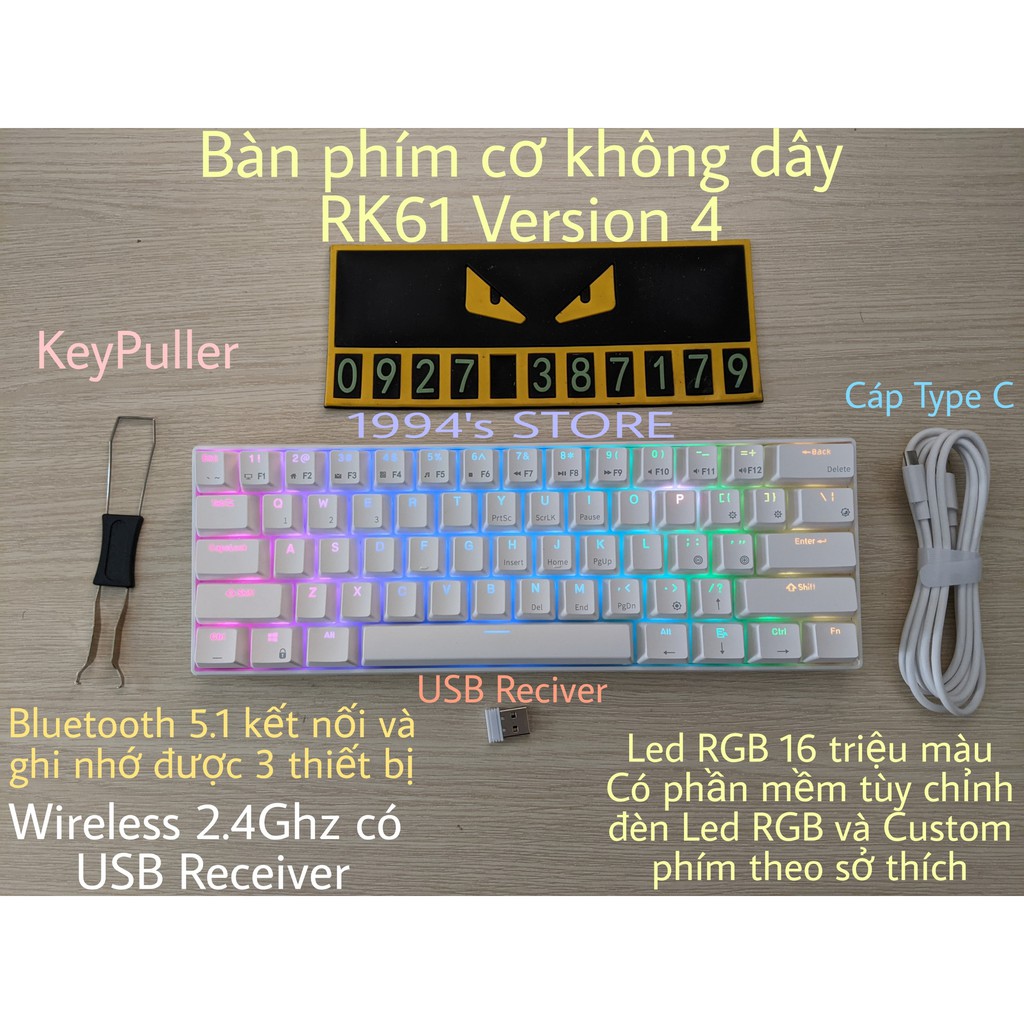 HOTSWAP - Bàn Phím Cơ RK61 Version 4.0 Bluetooth 5.1 - Wireless 2.4Ghz - Cáp Type C - Phần mềm chỉnh Led RGB và Custom