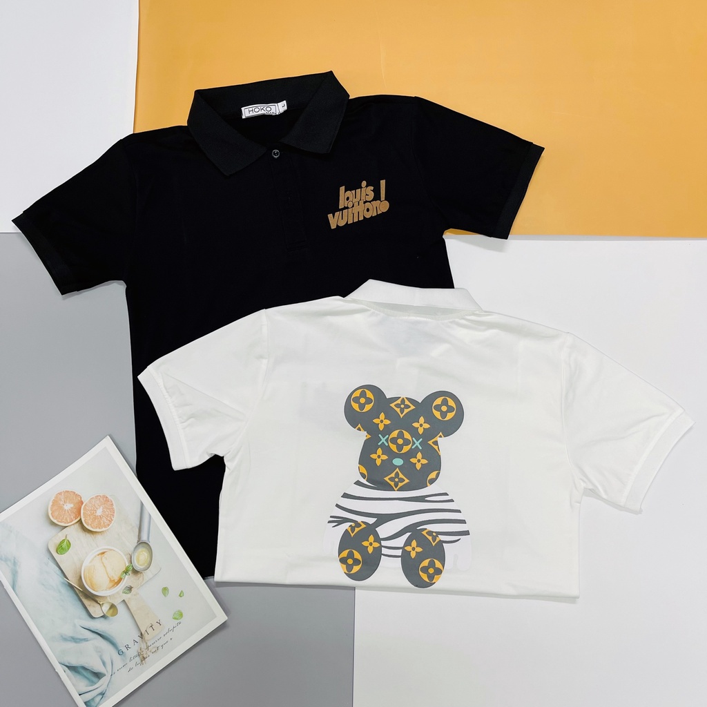 Áo thun nam nữ cổ trụ tay ngắn in ngực chữ LV in sau họa tiết gấu thời trang mùa hè hot trend 2022