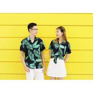 Áo sơ mi hawaii lá cây nền đen - ảnh thật