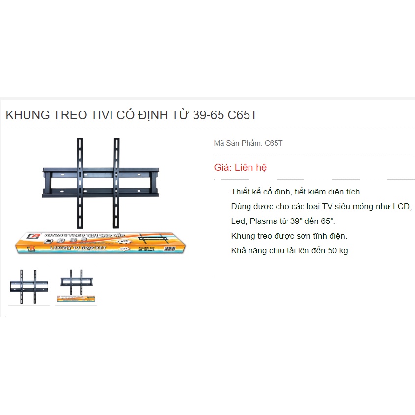KHUNG TREO TIVI CỐ ĐỊNH , GIÁ TREO TIVI ÁP TƯỜNG TỪ 39-65 C65T, Dùng được cho các loại TV siêu mỏng như LCD, Led, Pla