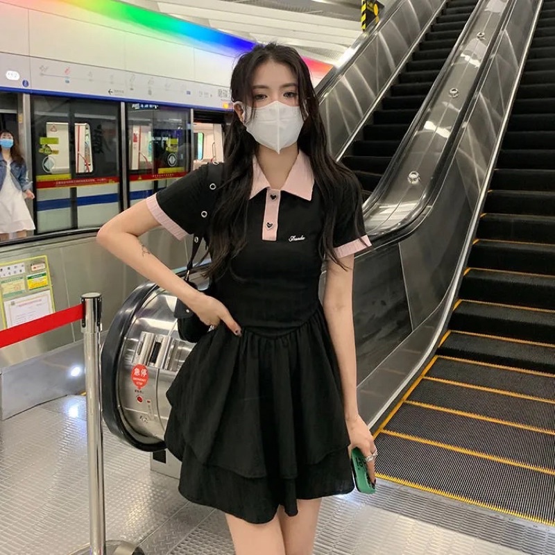 Váy Polo Nữ Màu Đen Buộc Dây Nơ Lưng Cổ Sơ Mi Ngắn Tay Dáng Xoè Phong Cách Hàn Quốc Năng Động Thể Thao Cá Tính Loại 1