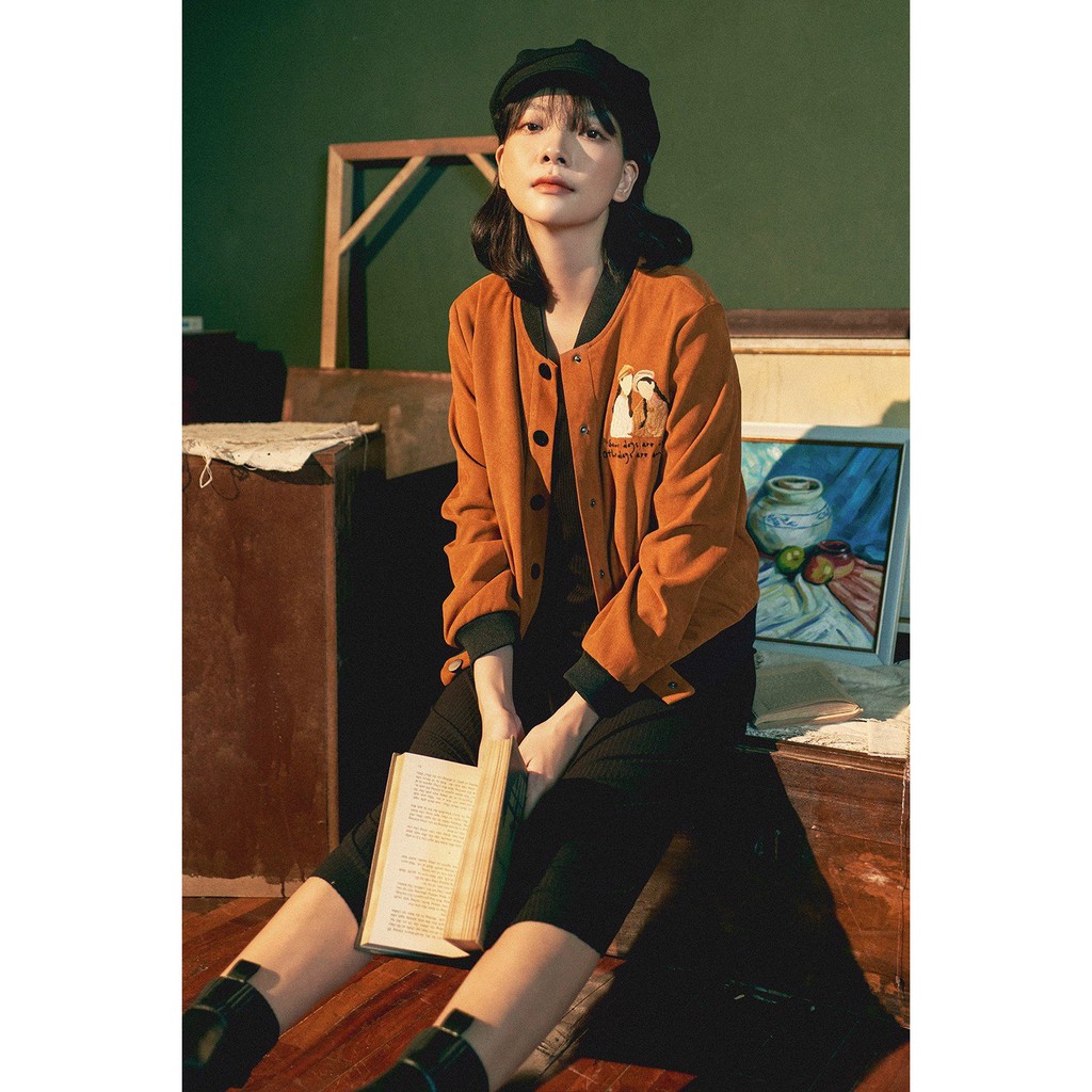 Áo khoác bomber da lộn nâu thêu girls 1BO1001 ADORE DRESS
