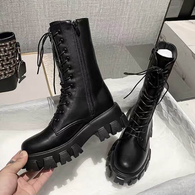 sẵn/ Boot ulzzang, giày da đen cao cổ 20cm ❤️ boot đen độn đế, giày trắng