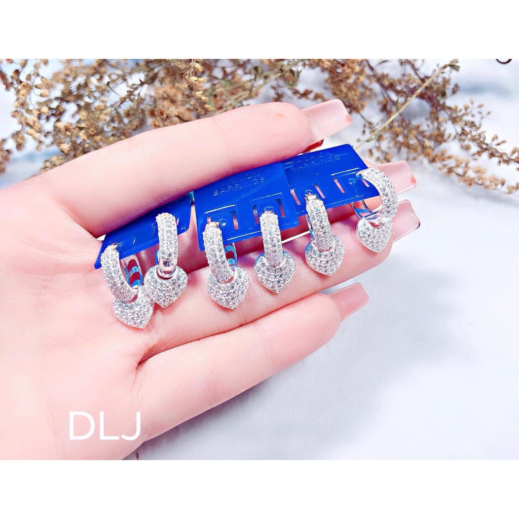 Bông tai nữ bạc thật mặt trái tim nạm đá nhỏ nổi bật móc khoá tròn trẻ trung/ Trang sức bạc JQN