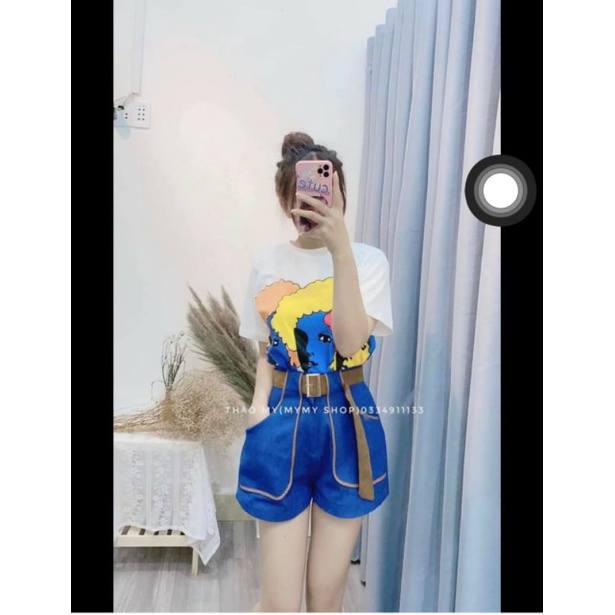 Set Áo Cô Gái Mix Quần Short Xanh Kèm Thắt Lưng | BigBuy360 - bigbuy360.vn