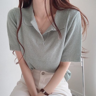 Áo thun vải lanh dệt kim cổ polo chữ v tay nửa nhiều màu sắc 44386