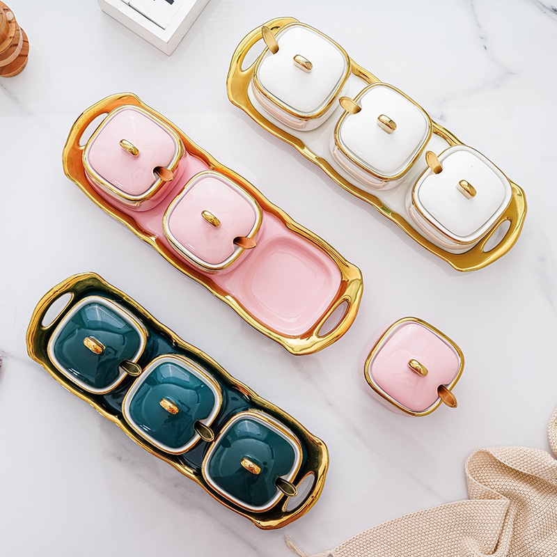 Hũ Gia Vị Gốm Sứ Cao Cấp Viền Vàng Phong Cách Bắc Âu Bộ 3 Hũ Có Thìa Và Khay