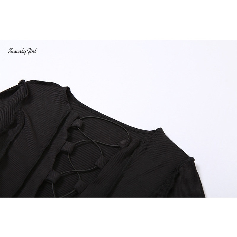 Áo Liền Quần Tay Dài Khoét Lỗ Eo Thấp Màu Đen Trơn Thời Trang 2022 Quyến Rũ Cho Nữ