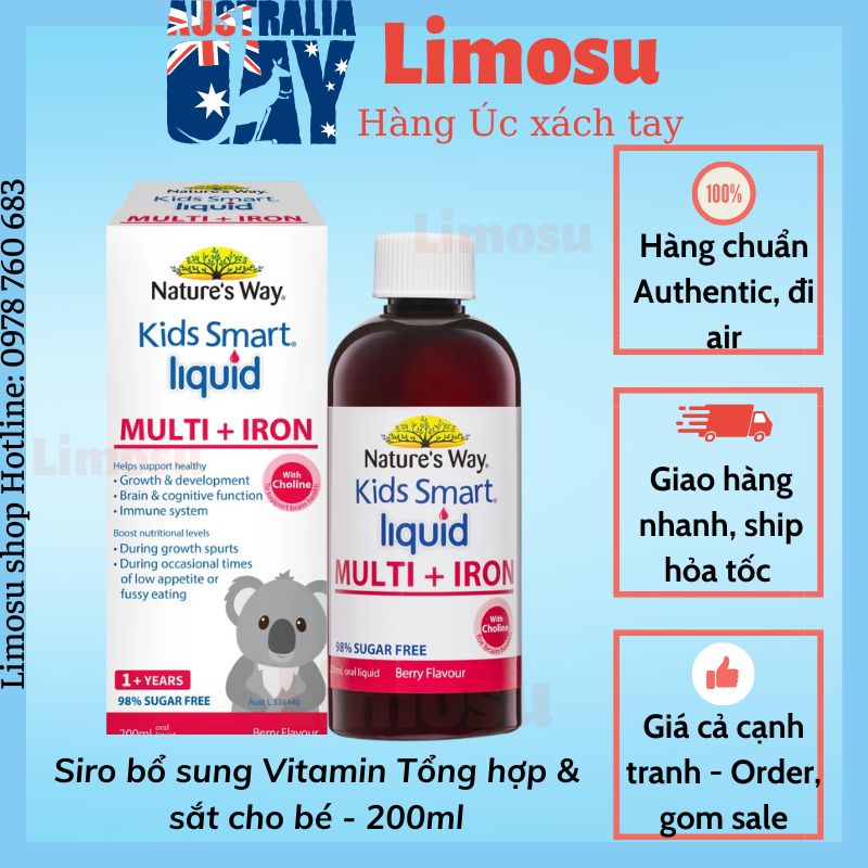 Siro bổ sung Vitamin Tổng hợp và sắt nước kids smart multi iron liquid hỗ trợ nâng cao đề kháng cho bé từ 1 tuổi 200ml