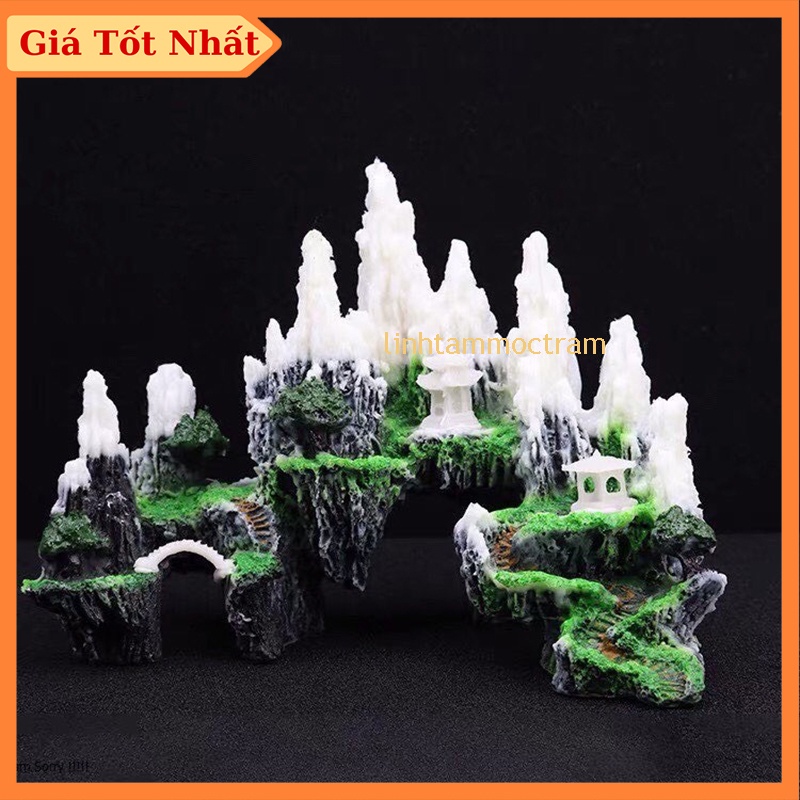 Mô hình hòn non bộ núi tuyết ngôi chùa đá giả sơn trang trí bể cá