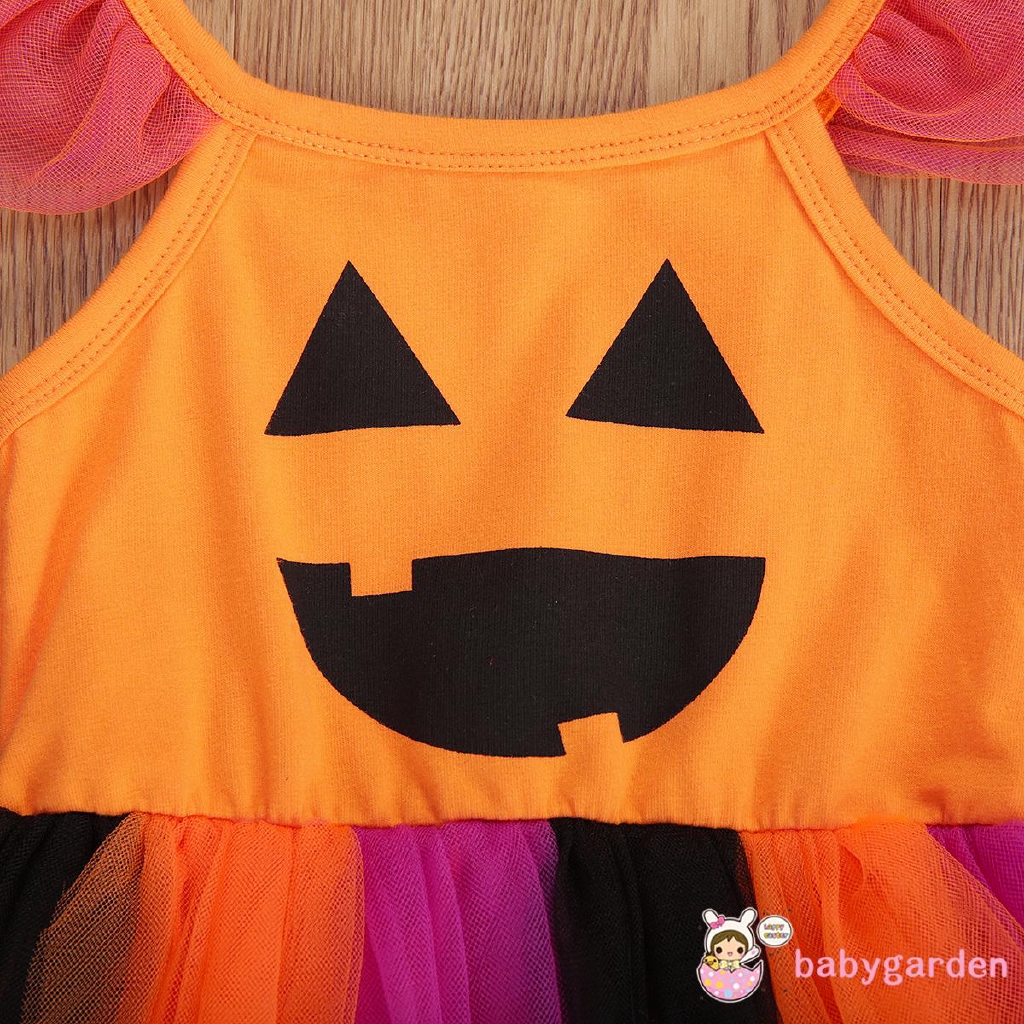 Đầm sát nách in họa tiết bí ngô phong cách Halloween thời trang cho bé gái 1-4T