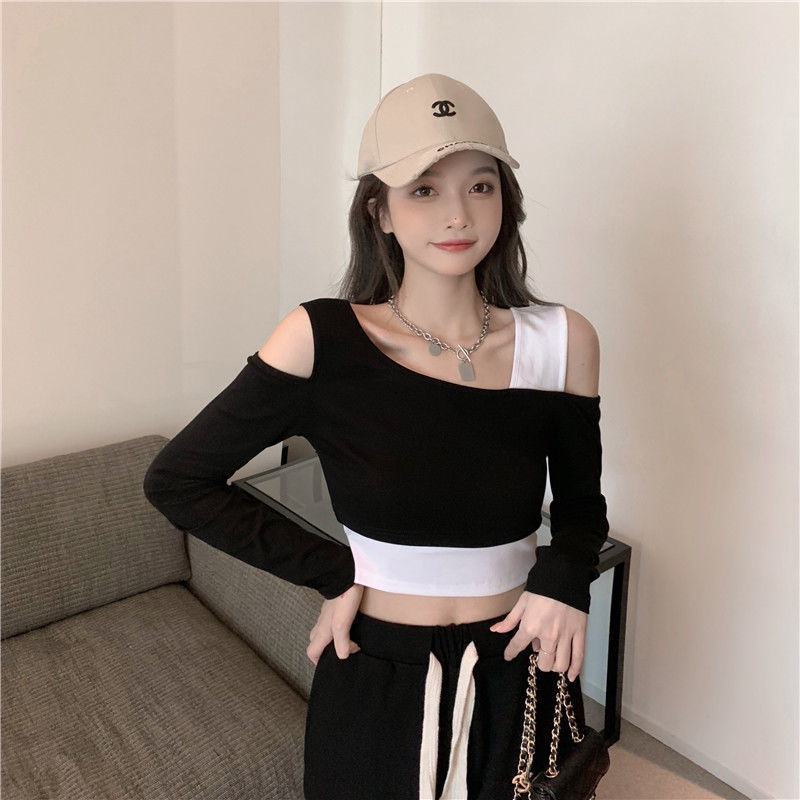 COZOK Áo Thun Tay Dài Hở Vai Phối Màu Tương Phản Quyến Rũ Kiểu Hàn Quốc