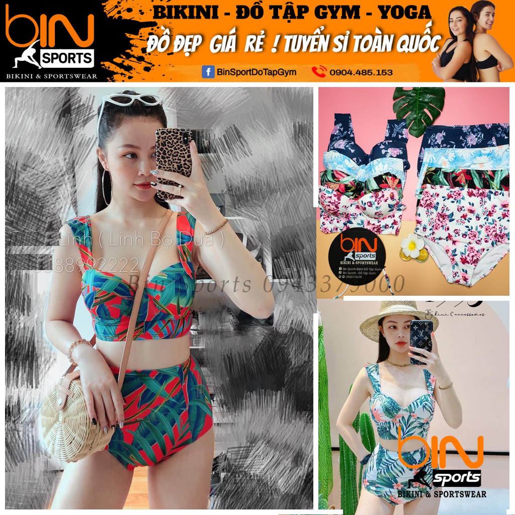 Bikini Nữ 2 Mảnh Quần Cạp Cao Aó Bra Hoa Lá Đẹp Bin Sports BHV090