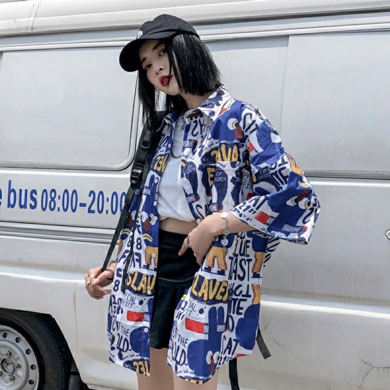 Áo sơ mi họa tiết chất form rộng (ảnh thật)