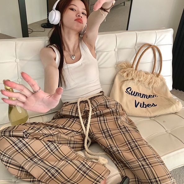 Quần dài ZHELIHANGFEI dáng rộng lưng cao họa tiết caro phong cách học đường thời trang dành cho nữ