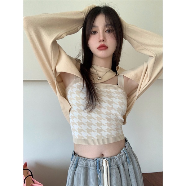 QADCOL Set áo hai dây và áo sweater dệt kim dài tay lệch tà thời trang dành cho nữ (đặt hàng riêng)