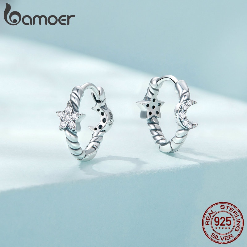 Khuyên tai BAMOER bạc 925 thiết kế ngôi sao mặt trăng thời trang