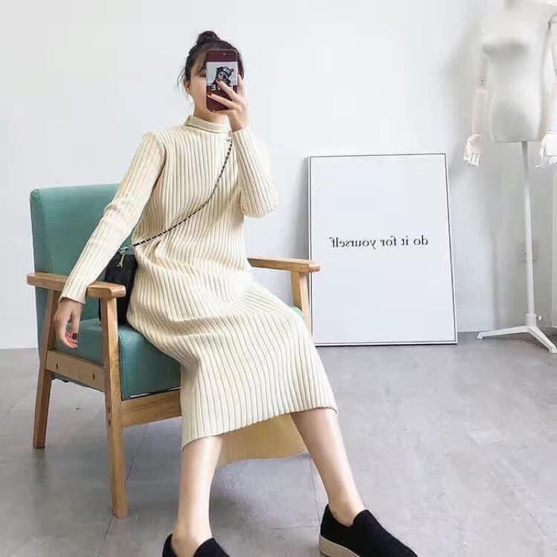 Váy len ulzzang dáng suông cổ cao 3p hàng quảng châu loại 1
