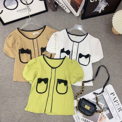 Áo kiểu nữ cô tròn phối nơ 2 túi viền