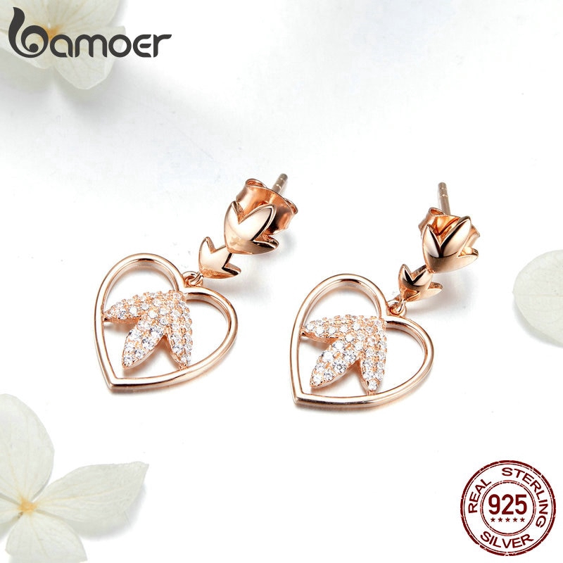 Khuyên Tai Bamoer Thiết Kế Hình Trái Tim Phối Lá Cây Chất Liệu Bạc Sterling 925 Cho Nữ