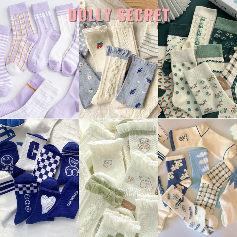 Set 5 đôi tất vớ cao cổ nữ phong cách Hàn Quốc, vớ nữ Vintage đáng yêu dễ thương DOLLY SECRET