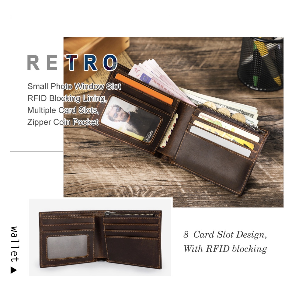 CONTACT'S Ví Da Ngựa Dáng Ngắn Gập Đôi Đựng Thẻ Tín Dụng / Tiền Xu Có Khóa Kéo Cho Nam