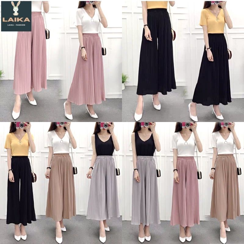 Quần ống rộng cạp cao dáng váy xếp li nhẹ phong cách HQ, Quần dập ly ống rộng nữ, cạp chun ít nhăn - LAIKA