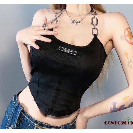 Áo Croptop Không Tay Cổ Yếm Hở Lưng Phối Dây Xích Thời Trang Mùa Hè Cho Nữ