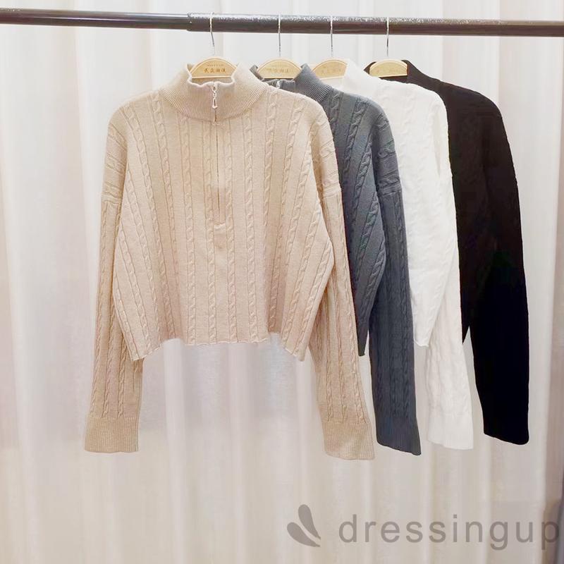 Áo Len Tay Dài Cổ Cao Màu Trơn Có Khóa Kéo Thời Trang Cho Nữ