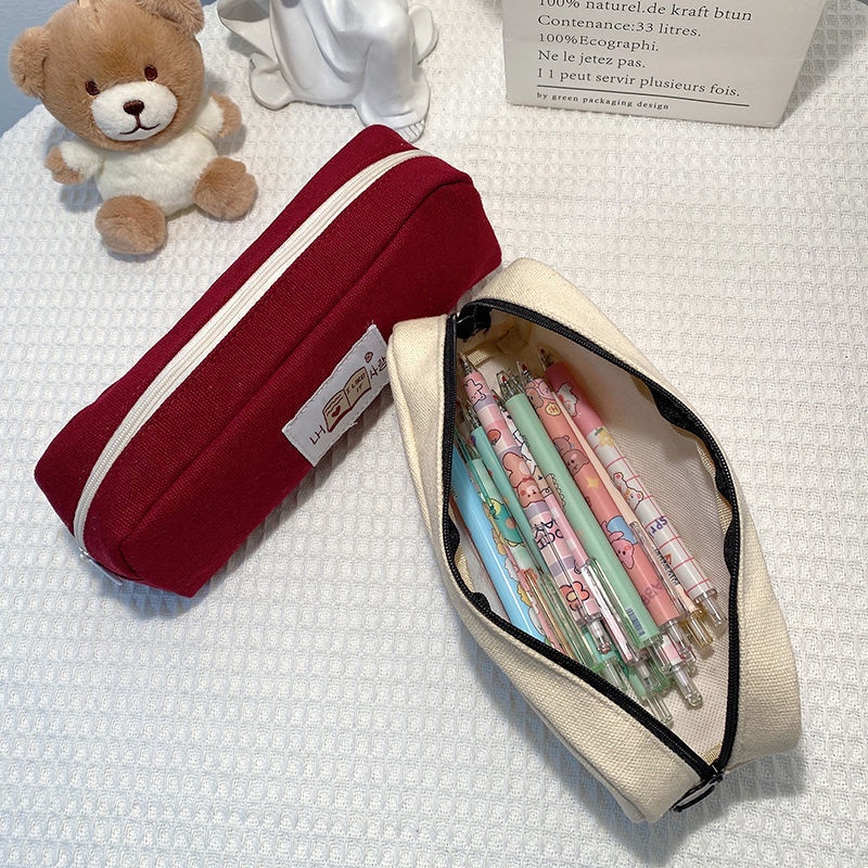 Túi Đựng Bút Bằng Vải Canvas Sức Chứa Lớn Màu Trơn Đơn Giản Có Khóa Kéo Dành Cho Học Sinh Nam Nữ
