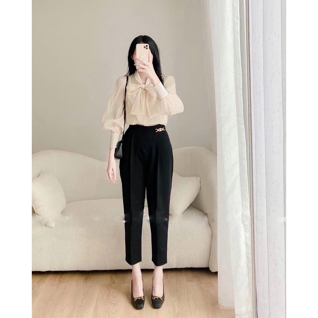 Sơ mi dài tay cổ nơ phong cách Hàn Quốc sơ mi mặc đi làm đi chơi mặc trong vest A11
