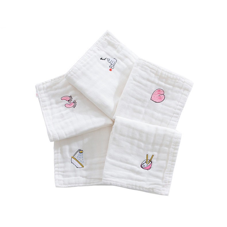 Set 5 khăn xô sữa cho bé 6 lớp hàng cao cấp thêu hoạ tiết mềm mại - TRẮNG (túi zip) [Shop mẹ Bob 86]