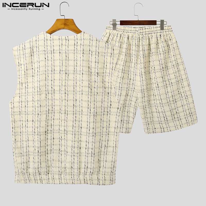 Set đồ INCERUN gồm áo ghi lê và quần short ống rộng họa tiết sọc caro thời trang cho nam