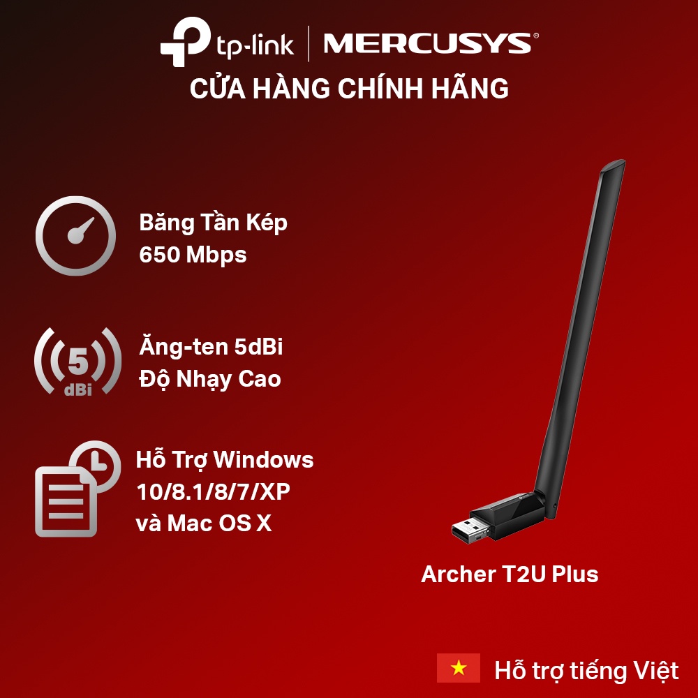 Bộ Chuyển Đổi USB Wifi TP-Link Archer T2U Plus Băng Tần Kép Chuẩn AC 600Mbps