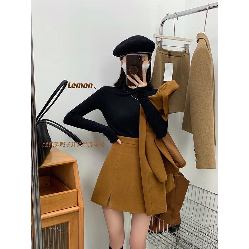 Set Áo Khoác Len Dáng Ngắn + Chân Váy Xẻ Tà Lưng Cao Thời Trang Hàn Quốc 2022
