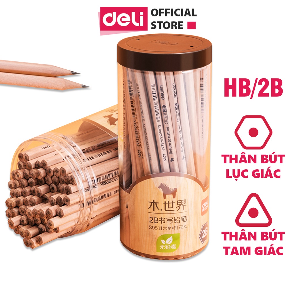 (30c) Bút chì thân gỗ tự nhiên giá rẻ - HB/2B - thân lục giác Deli S941/S943 - vẽ mỹ thuật phác thảo - vpp Diệp Lạc