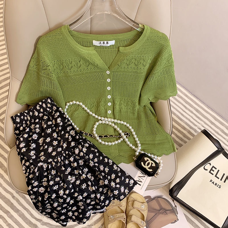 Bộ Áo cardigan Viền Gợn Sóng + Chân Váy Hoa Lưng Cao Xinh Xắn Theo Phong Cách Mới