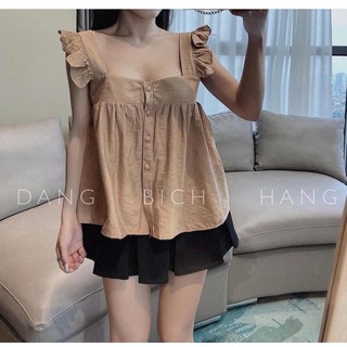 Áo nữ , áo nữ  kiểu đũi tằm nâu cúc bọc cổ bèo màu nâu tây siêu xinh XIAOMIMI