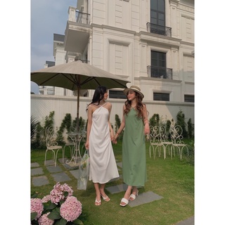 Váy maxi xốp cổ yếm v-9074, váy yếm 2 dây đan