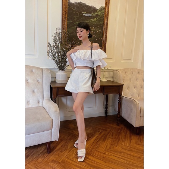 Áo croptop trễ vai Midi Shop, croptop tay ngắn bánh bèo có thun ngực hai tầng