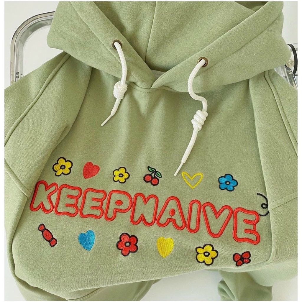 Áo Hoodie from rộng tay bồng thêu KEEP hoa quả siu dễ thương