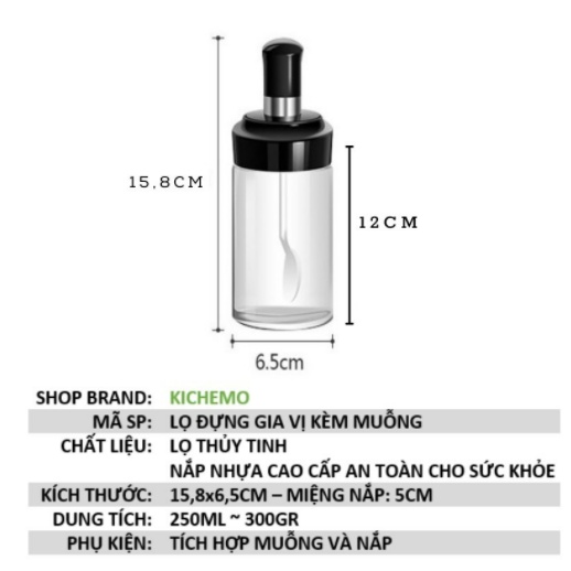 Hũ đựng gia vị thuỷ tinh, kèm muỗng Lọ đựng gia vị 250ml - Kichemo HGV01