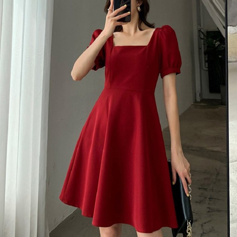 Đầm Midi Dáng Chữ A Tay Ngắn Phồng Cổ Vuông Màu Trơn Kiểu Retro Xinh Xắn Cho Bạn Gái